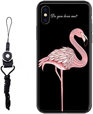 iPhone X Couple Tempered Glass Case with Neck Lanyard Surprised Romantic Gift for Lover Cute Flamingo iPhone X Skin Soft Border Cover of 'Do you love me?' for iPhone 10 (Flamingo b for iPhone X)