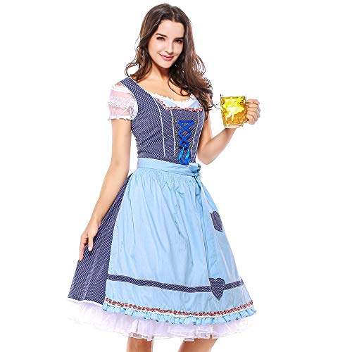 NUWFOR 4PC Women Bandage Apron Bavarian Oktoberfest Costumes Barmaid Dirndl Dress(Blue,L)