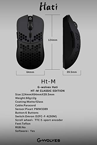 G-Wolves Hati HT-M 3360 Ultra Lightweight Honeycomb Shell Wired Gaming Mouse up to 12000 cpi - 6 Buttons - 2.18 oz (61g) (Stiletto Red)