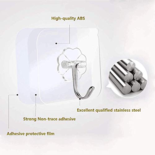 Transparent Adhesive Hooks 15 kg(Max),Free Sticky Hangers with Stainless Hooks Reusable Utility Towel Bath Ceiling Hooks (20Pack -Adhesive Hooks)