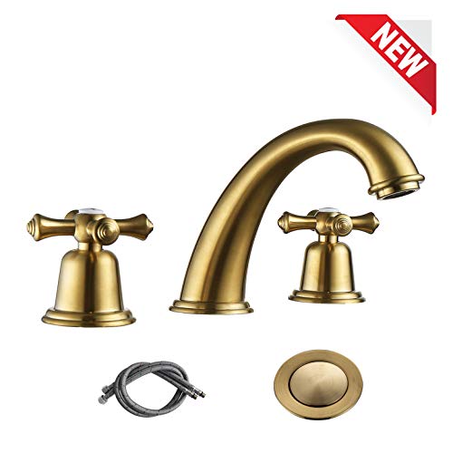 RKF Solid Brass Two Handle Widespread Bathroom Sink Faucet with METAL Pop-up Drain with overflow and CUPC Supply Hoses,CWF034-BG,Brushed Gold - Thumbnail 7