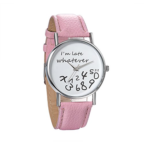 JewelryWe Unisex Female Women Ladies Girls"I'm Late, Whatever" Love Gift Leather Strap Watches Quartz Wrist Watch