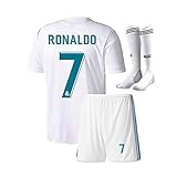 Youth Real Madrid #7 Ronaldo Kids Home Soccer Jersey & Shorts Socks Boys Sizes White