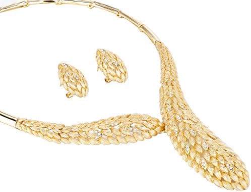 Janeojewels Stylish 4 Piece Swarovski Crystal Set, Stylized Miniature Leaf Snake Necklace, Bracelet, Earrings and Ring. 14K Gold or Rhodium Contemporary Style.Christmas,Anniversary or Bridal Wedding