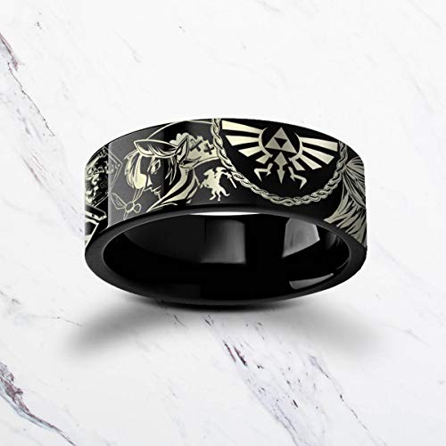 Engraved Triforce Zelda Design Ocarina Link Master Sword & Shield Majora Inverted Midnight Black Tungsten Ring Flat Polished - 4mm to 12mm - Thumbnail 6