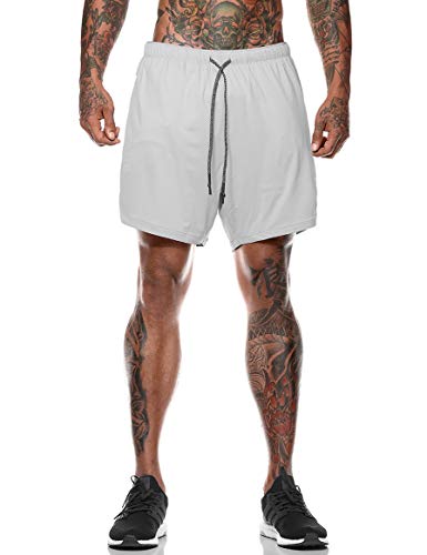 FLYFIREFLY Men's 2-in-1 Workout Running Shorts 7" Lightweight Gym Yoga Training Sport Short Pants Grey