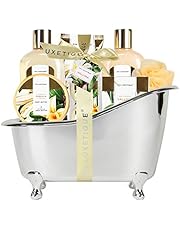 Spa Luxetique Spa Gift Basket Vanilla Fragrance, Luxurious 8pc Gift Baskets for Women, Cute Bath Tub Holder - Best Holiday Gift Set for Women Includes Shower Gel, Bubble Bath, Body Butter & More. Birthday Gift Idea.