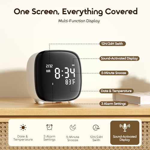 Oraimo Premium Alarm Clock Smart Touch Control, 3 Alarms & Voice-Activated Backlight, 80-Day battery Life per Charge, Digital Clock with Date/Temp/Snooze/12H/24H, Desk Clock for Students Children
