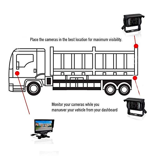 Vanxse 7" LCD Monitor 2CH 4-Pin Aviation Video Input DC 12V 24V Vehicle Backup Camera System 2 x Rear View Camera 2X15Meters Cable for Bus Truck Boat Security Surveillance System - Thumbnail 5