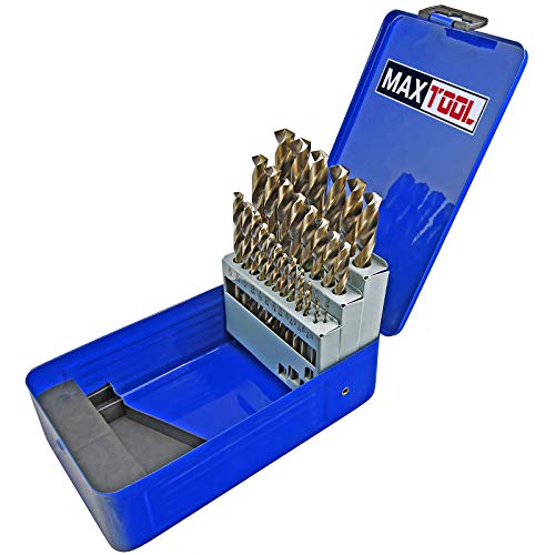 MaxTool 29 Piece Twist Jobber Length Drill Bit Set; 5% Cobalt High Speed Steel HSS M35; 135° Split Point Fully-Ground; JBS35G10R029