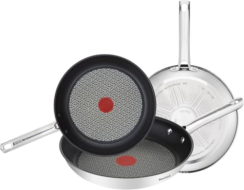 Tefal A704S3 Duetto 3-Piece Frying Pan Set | 20, 24 and 28 cm | Non-Stick Coating | Built-in Temperature Indicator | Suitable for All Hob Types Including Induction | Stainless Steel/Black