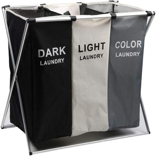 BAKAJI Cesto Biancheria Sporca a 3 Scomparti Multifunzione, Portabiancheria 3 Spazi Bianchi Neri e Colorati in Tessuto Struttura Pieghevole Dimensione 64 x 38 x 60 cm