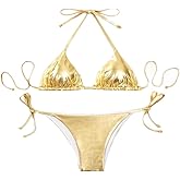 THSCWY Women's Metallic Bikini Halter Top Two Piece Swimsuit Tie Side Triangle Bikini With Padded