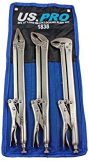 US PRO Tools 3 Piece 15" Flat & Curved Jaw Long Reach Locking Mole Grip Pliers 1838, Blue