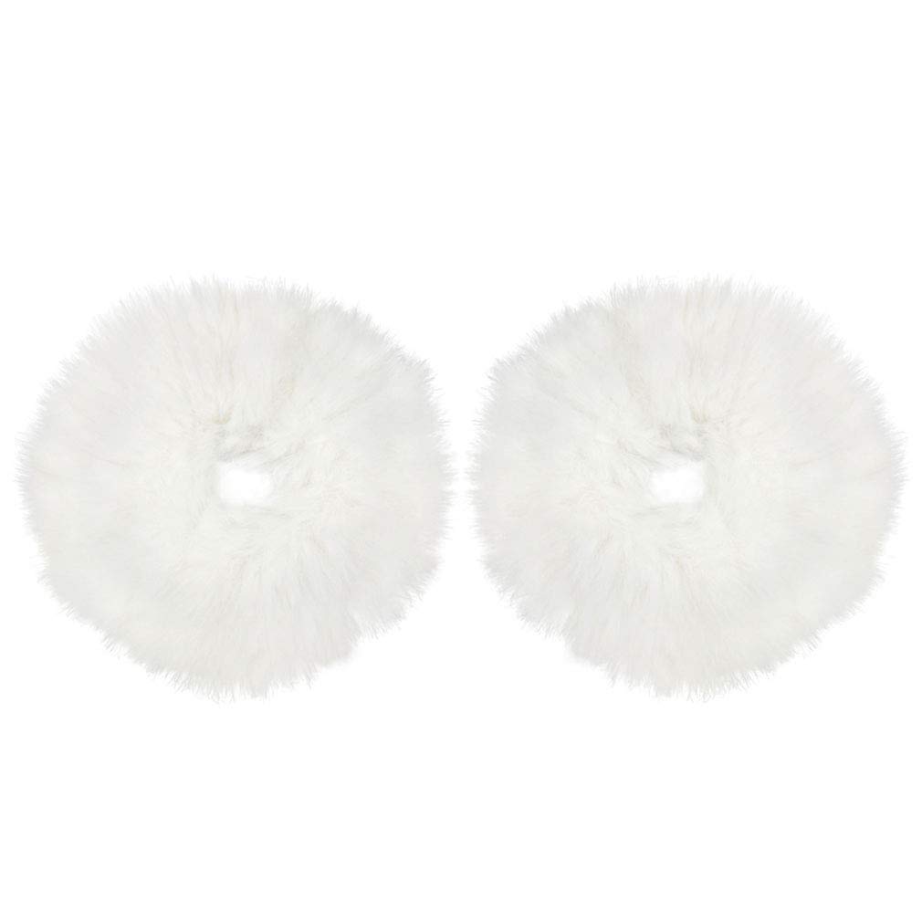 Furling Pompoms Pack of 2pcs Furry Faux Rabbit Fur Hair Scrunchies Artificial Fur Hair Bobbles Elastic Hair Band Rope Wristband Ponytail Accessories (White)