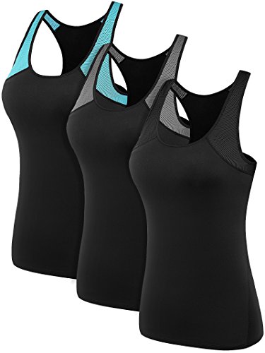 Neleus Women's 3 Pack Running Workout Athletic Long Racerback Tank Tops for Yoga,8005,Black,Light Blue,Grey,US XL,EU 2XL