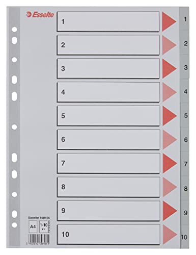 Esselte Register fuer A4, Deckblatt aus Karton und 10 Trennblaetter aus Kunststoff, Taben mit Zahlenaufdruck 1-10, UEberbreite, Grau, 100105