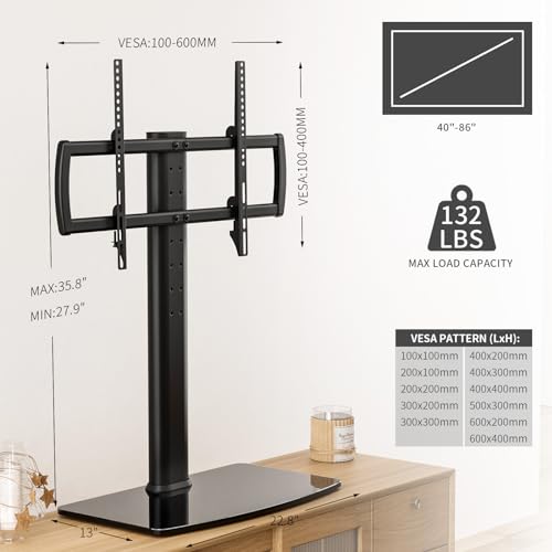 Hemudu Universal TV Stand/Base Tabletop TV Stand with Wall Mount for 40 to 86 inch 5 Level Height Adjustable, Heavy Duty Tempered Glass Base, Holds up to 66kgs Screens, HT03B-003P