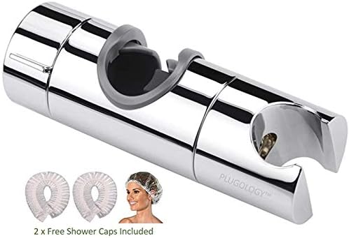 PLUGOLOGY Universal Adjustable Chrome Shower Head Holder - Bracket Holder for Shower Slide Bar (Plus 2 x Shower Caps)