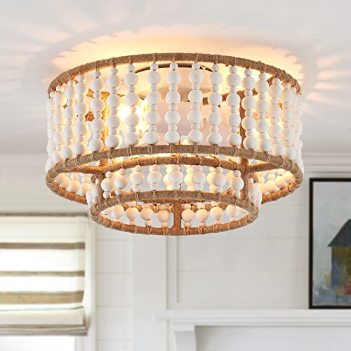 Photo 1 of VANZARLA Boho Flush Mount Light Fixture Farmhouse, 3-Light Rustic Hallway Lights, Small White Bead Chandelier for Kitchen Entryway Laundry Nursery