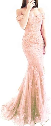 AngelaLove Women's Off the shoulder Lace Mermaid Bridesmaid Formal Gown Beaded Long Prom Evening Dresses