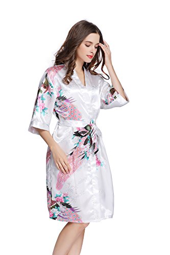 Amzchoice Women's Short Sleeve Kimono Robe Peacock & Blossoms for Spa, Wedding Bridal and Bridesmaid (L, White)
