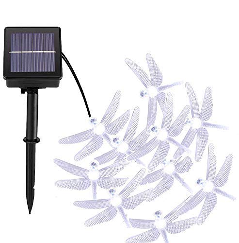 DINOWIN Dragonfly Solar String Lights Outdoor, 20ft 30 LED Waterproof Fairy Lights Decorative Lighting for Indoor/Outdoor Home Garden Lawn Fence Patio Party and Holiday Decorations (White)