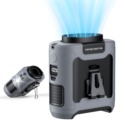 PlanCiTi AI Portable Waist Clip Fan, Upgraded 10000mAh Rechargeable Battery Wearable Belt Personal Fan, 16000RPM Powerful 5 Speeds Shirt with Flashlight Neck Hands-Free 40H Cooling (Gray)