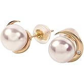 Japanese 7.0mm Akoya Cultured Pearl with Diamond Earrings for Women with 18K Yellow Gold | Classy Design Excellent Gift | Pearl Earrings