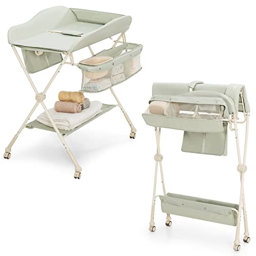 GLACER Foldable Diaper Changing Station, Height Adjustable Changing Table with Storage, Removable & Lockable Wheels, Safety Belt, Water Basin, Mobile Nursery Organizer for Baby Infant Newborn (Green)