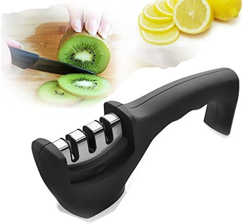 Knife Sharpener - 3 Stages Professional Knife Sharpening System for Steel and Ceramic Knives in all Sizes, with Slip-resistant Rubber Feet, Black