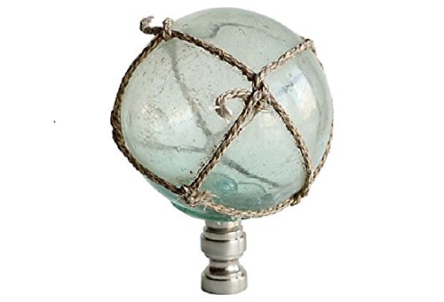 Netted Aqua Glass Lamp Finials on Brushed Nickel Bases - A Pair