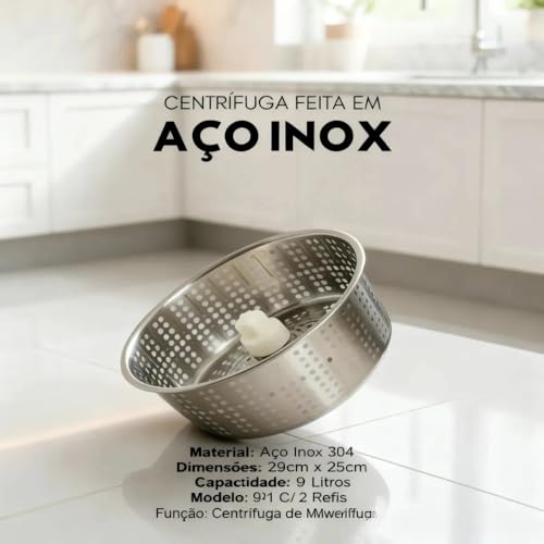 Mop com Balde Giratório 9 Litros, Cesto Inox, com Esfregão, Sistema de Limpeza 360°, Lava e Seca, Cabo Extensível, Cesto de Aço Inoxidável, Cinza - premium