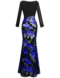 Angel-fashions - Vestido formal de manga larga para mujer, diseño de rosas con lentejuelas negras