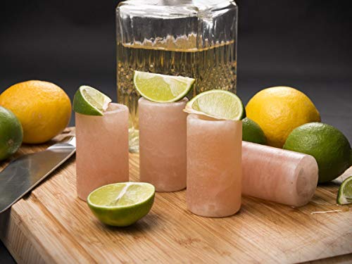 UMAID Natural Himalayan Salt Shot Glasses Set of 4, With Rose Wooden Serving Board 3" Pink Salt Glasses -Tequila Shot Glasses, Kosher & FDA Approved 100% Pure Natural Pink Himalayan Salt