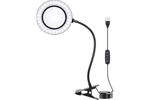 Bloepum Gooseneck Light 360° Flexible 10X Magnifying Glass with Clip 56 LED Magnifier Lamp 3 Color Mode 10 Brightness Dimmer