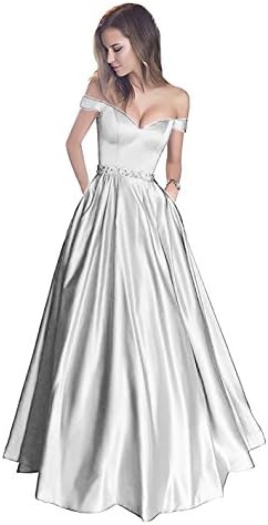 QSYE Women's Off The Shoulder Beaded Prom Ball Gowns Empire Evening Formal Party Dresses White,6