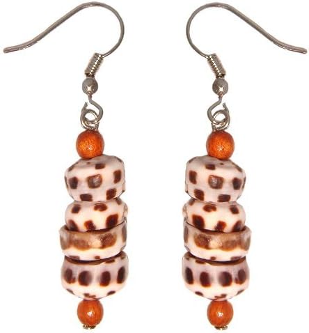 Hawaiian Tiger Puka Shell Dangling Earrings Koa Wood Beads
