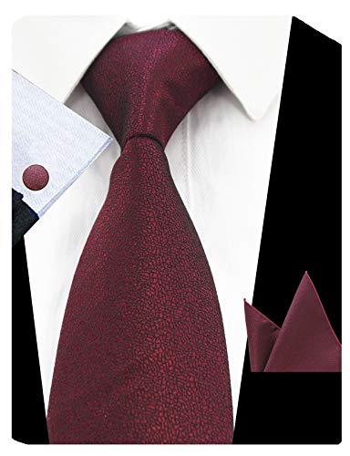 GUSLESON Classic Wine Red Silk Tie Solid Necktie Set Wedding Tie For Men (0727-01)