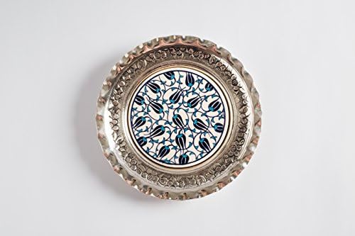 Turkish Handmade Decorative Silver Coated Copper Plate with Ottoman Motifs Decorated Ceramic Tile