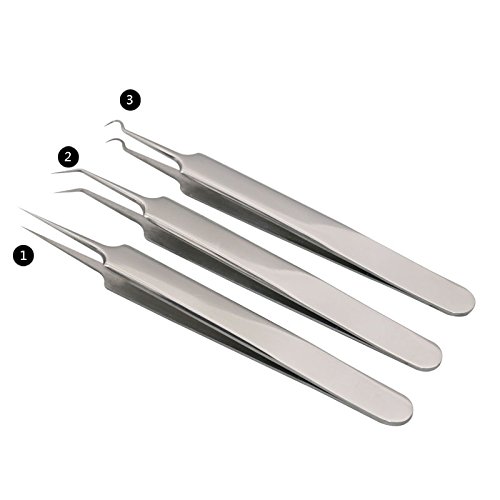Healthcom 3 in 1 Blackhead Removal Tools Blemish Pimple Comedone Extractor Tool Blackhead Tweezer Professional Curved Stainless Steel Tip Surgical Comedone Kit