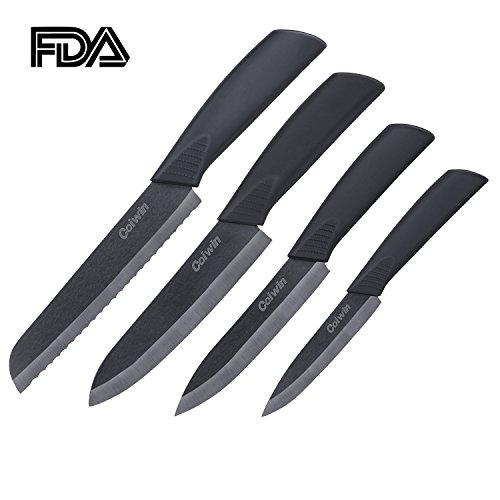 Coiwin Kitchen Cutlery Ceramic Knife Set with Sheaths Super Sharp and
Rust Proof and Stain Resistant (6" Bread Knife, 6" Chef Knife, 5"
Utility Knife, 4" Fruit Knife ), Black