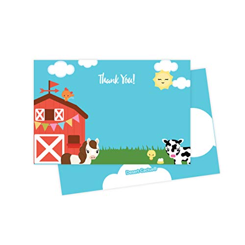 Farm Barnyard Thank You Cards (25 Count) With Envelopes & Seal Stickers Bulk Birthday Party Bridal Blank Graduation Kids Children Boy Girl