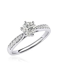 Anillo de compromiso de oro blanco de 14 quilates, 1,0 quilates, diamante de imitación clásico de 6 puntas, piedras laterales graduadas