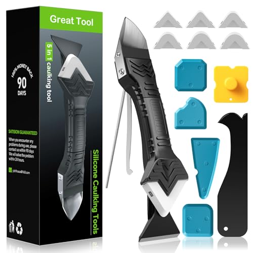 Caulking Tool 5 in 1 Silicone Caulking Grout Removal Sealant Finishing Tool with Grout Scraper, 6 Exchange Silicone Pads, Adhesive Residue Scraper Seam Repair Kit for Kitchen Bathroom White