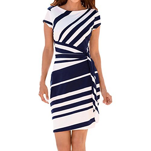 Nikuya Women's Casual Mini Dresses Working Dresses Pencil Stripe Party Dress White Evening Dresses (Blue, S)