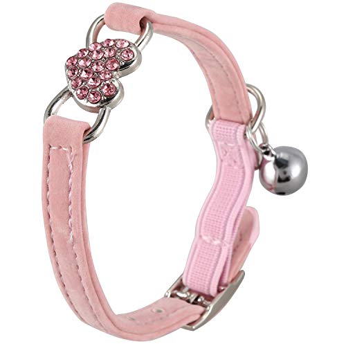 Vaorwne Heart Charm and Bell Collar Safety Elastic Adjustable with Soft Velvet Material Collar pet Product Small S Pink