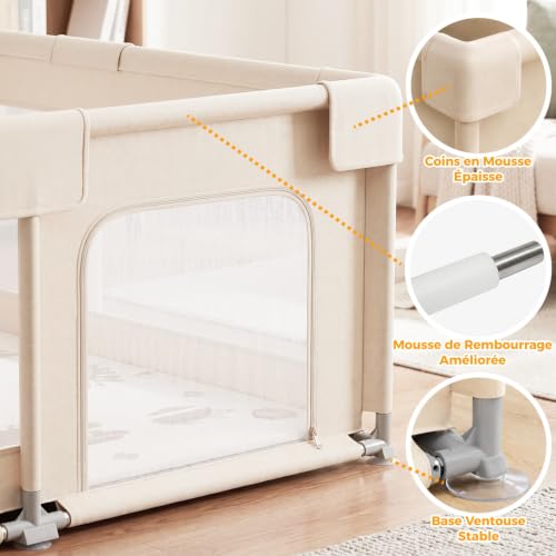 KUQAZ Beige Parc Bebe avec Tapis - 150x150cm Parc Enfant Sécurisé, Aire de Jeu Carrée en Tissu Oxford, Filet Respirant 360°, Structure Stable avec Puissantes Ventouses et 4 Anneaux