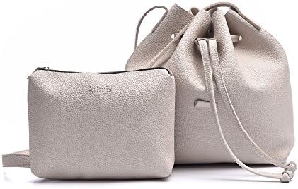Drawstring Bucket Bags 2 Pieces Set, Artmis Women Small Cross-body Purses PU Leather (Light GrayNew)