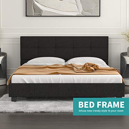 mecor Upholstered Linen Queen Platform Bed / Metal Frame with Square